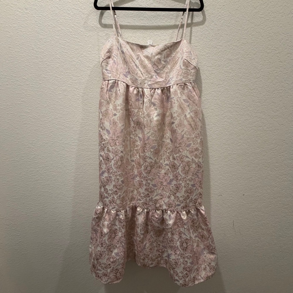 TCEC Pink Floral Brocade Midi Dress Metallic Jacquard Ruffle Hem Large NWT